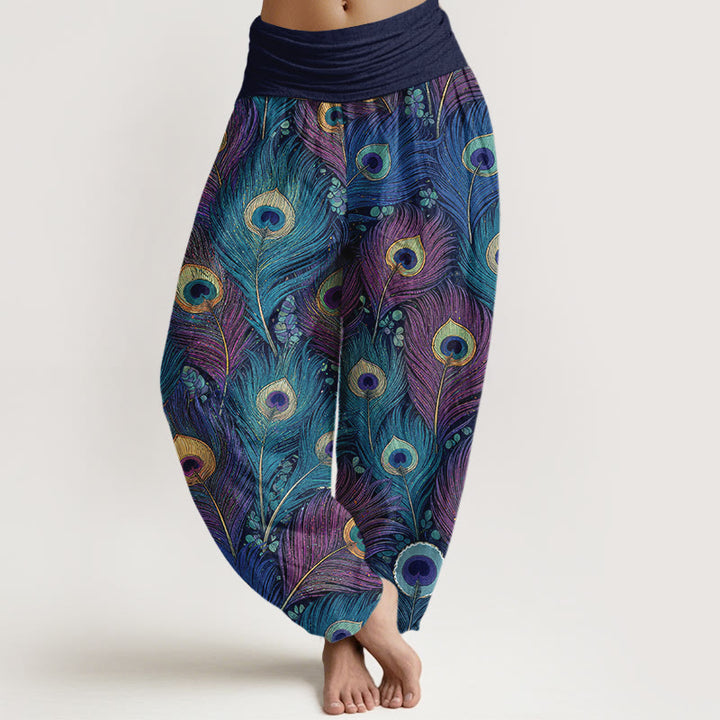 Buddha Stones Pantaloni harem da donna in puro cotone con elastico in vita e fantasia a piume di pavone. - SteelBlue - US16, UK/AU20, EU48 (3XL) - image 8