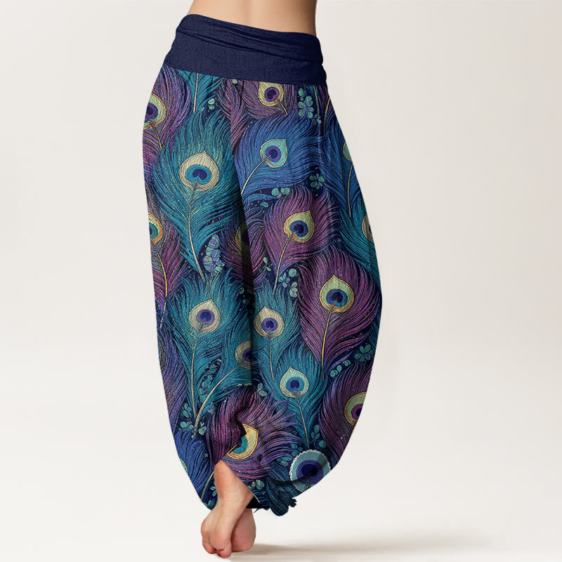 Buddha Stones Pantaloni harem da donna in puro cotone con elastico in vita e fantasia a piume di pavone. - image 9