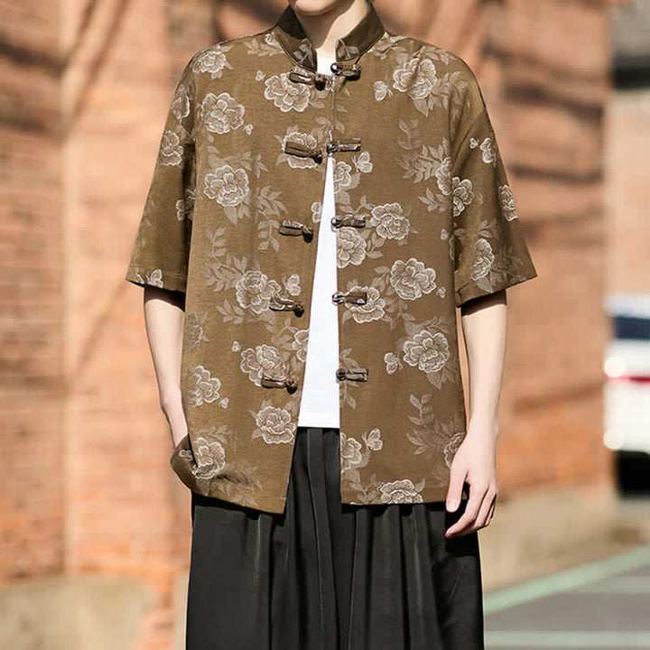 Buddha Stones Camicia da uomo a maniche corte in jacquard floreale con colletto alla coreana e bottoni a rana retrò - Perù - US/UK/AU46, EU56 (5XL) - image 0