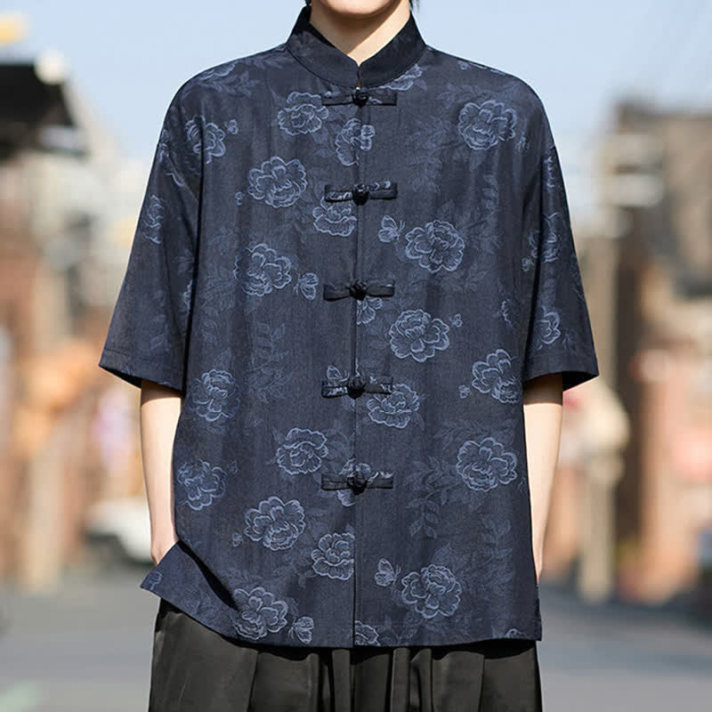 Buddha Stones Camicia da uomo a maniche corte in jacquard floreale con colletto alla coreana e bottoni a rana retrò - image 13