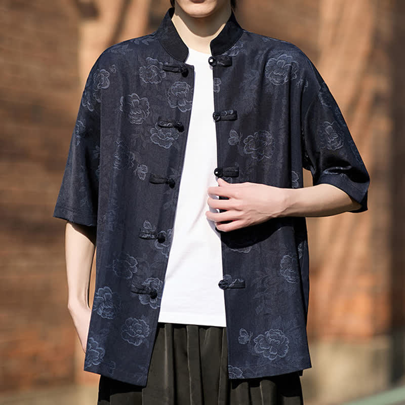 Buddha Stones Camicia da uomo a maniche corte in jacquard floreale con colletto alla coreana e bottoni a rana retrò - image 17