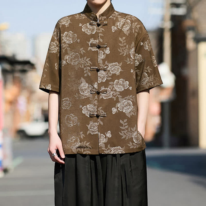 Buddha Stones Camicia da uomo a maniche corte in jacquard floreale con colletto alla coreana e bottoni a rana retrò - image 1