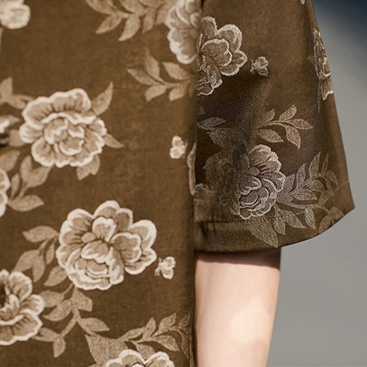 Buddha Stones Camicia da uomo a maniche corte in jacquard floreale con colletto alla coreana e bottoni a rana retrò - image 9