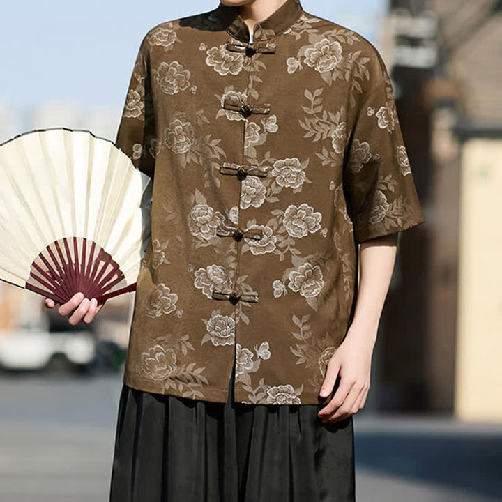 Buddha Stones Camicia da uomo a maniche corte in jacquard floreale con colletto alla coreana e bottoni a rana retrò - image 4