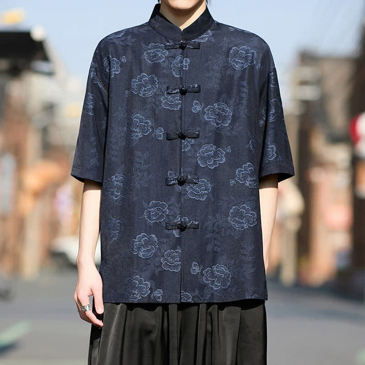 Buddha Stones Camicia da uomo a maniche corte in jacquard floreale con colletto alla coreana e bottoni a rana retrò - Blu notte - US/UK/AU46, EU56 (5XL) - image 10