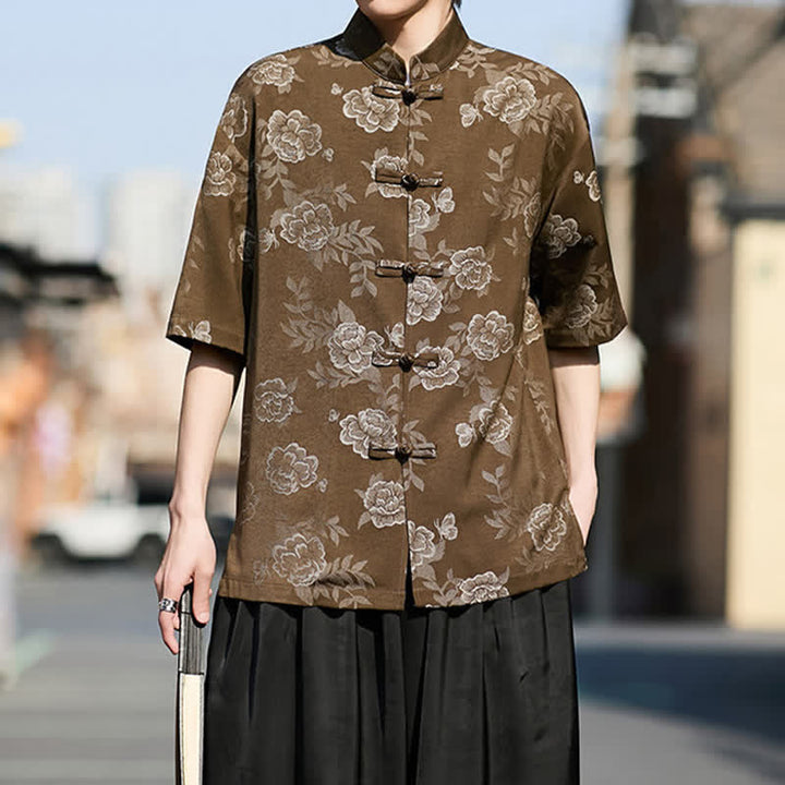 Buddha Stones Camicia da uomo a maniche corte in jacquard floreale con colletto alla coreana e bottoni a rana retrò - image 3