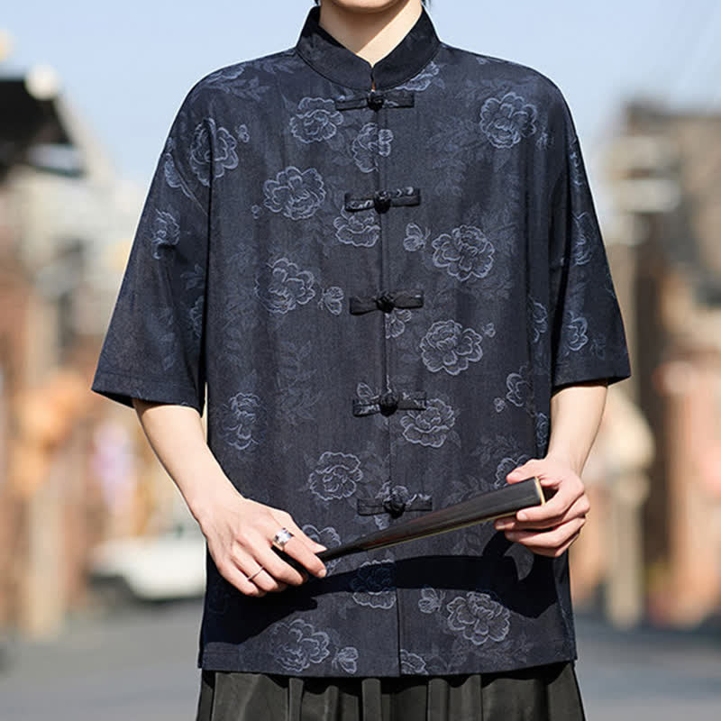 Buddha Stones Camicia da uomo a maniche corte in jacquard floreale con colletto alla coreana e bottoni a rana retrò - image 14
