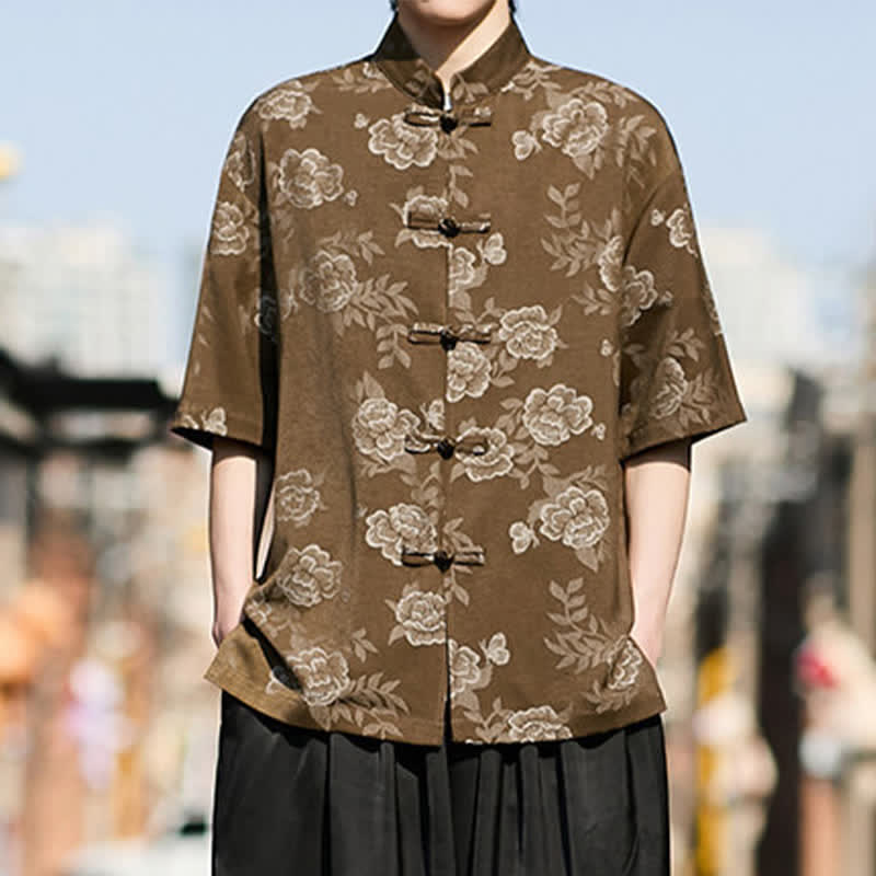 Buddha Stones Camicia da uomo a maniche corte in jacquard floreale con colletto alla coreana e bottoni a rana retrò - image 5