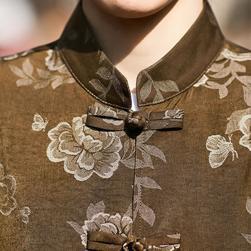 Buddha Stones Camicia da uomo a maniche corte in jacquard floreale con colletto alla coreana e bottoni a rana retrò - image 8