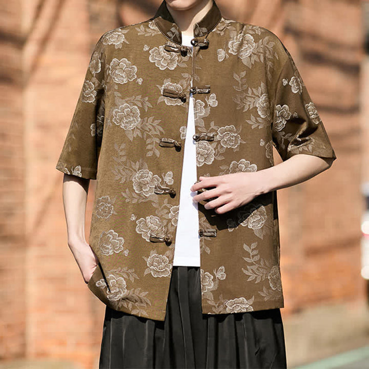 Buddha Stones Camicia da uomo a maniche corte in jacquard floreale con colletto alla coreana e bottoni a rana retrò - image 7