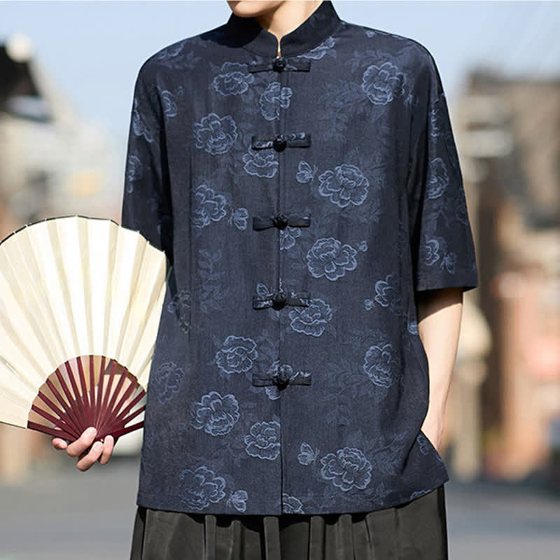 Buddha Stones Camicia da uomo a maniche corte in jacquard floreale con colletto alla coreana e bottoni a rana retrò - image 15