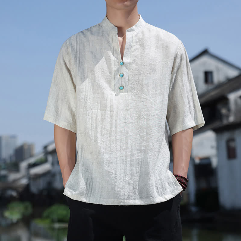 Buddha Stones T-shirt da uomo estiva etnica a maniche corte con colletto a revers e bottoni. - Bianco Floreale - US/UK/AU46, EU56 (5XL) - image 4