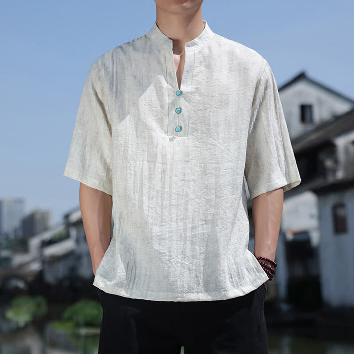 Buddha Stones T-shirt da uomo estiva etnica a maniche corte con colletto a revers e bottoni. - Bianco Floreale - US/UK/AU46, EU56 (5XL) - image 4