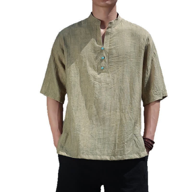 Buddha Stones T-shirt da uomo estiva etnica a maniche corte con colletto a revers e bottoni. - image 3