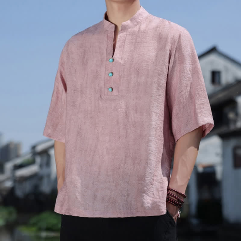 Buddha Stones T-shirt da uomo estiva etnica a maniche corte con colletto a revers e bottoni. - image 13