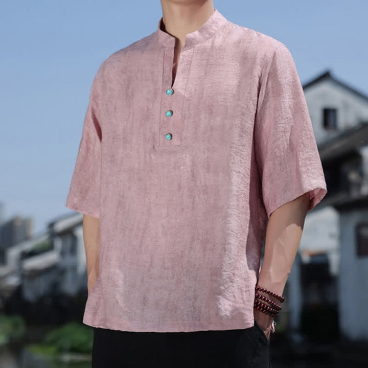 Buddha Stones T-shirt da uomo estiva etnica a maniche corte con colletto a revers e bottoni. - image 13