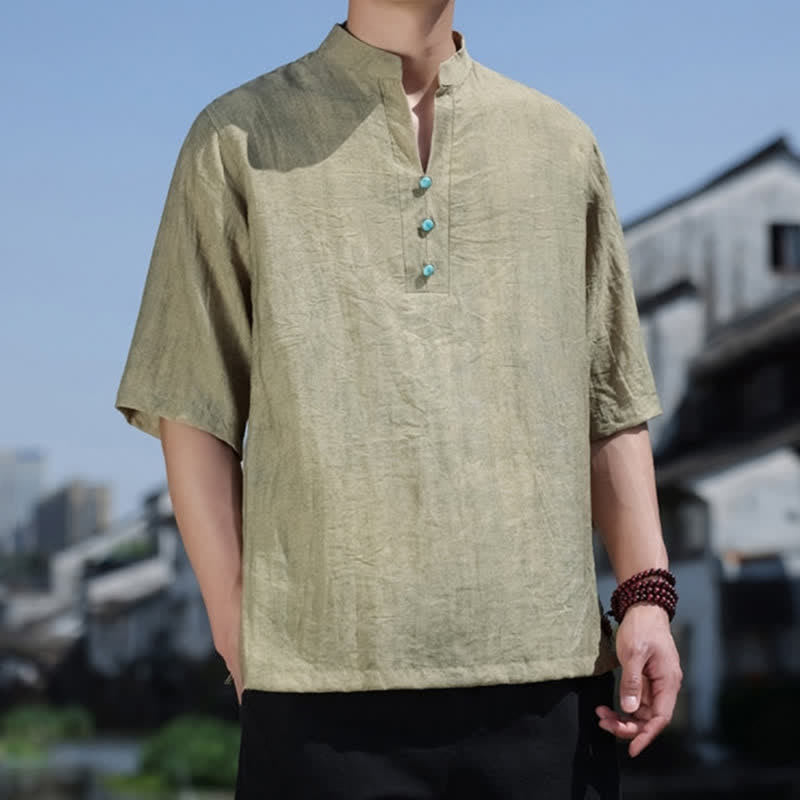 Buddha Stones T-shirt da uomo estiva etnica a maniche corte con colletto a revers e bottoni. - image 2