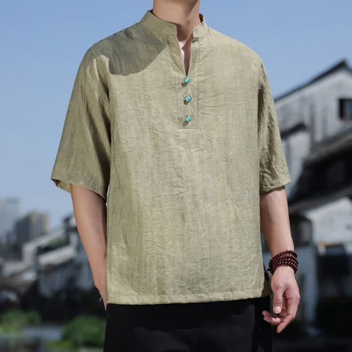 Buddha Stones T-shirt da uomo estiva etnica a maniche corte con colletto a revers e bottoni. - image 2