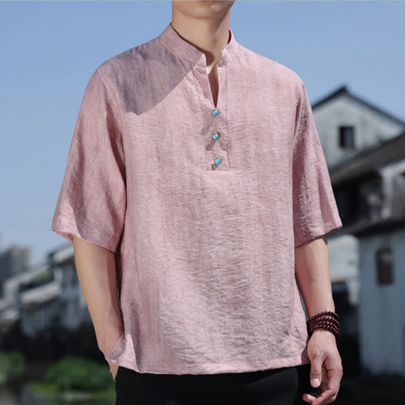 Buddha Stones T-shirt da uomo estiva etnica a maniche corte con colletto a revers e bottoni. - image 12