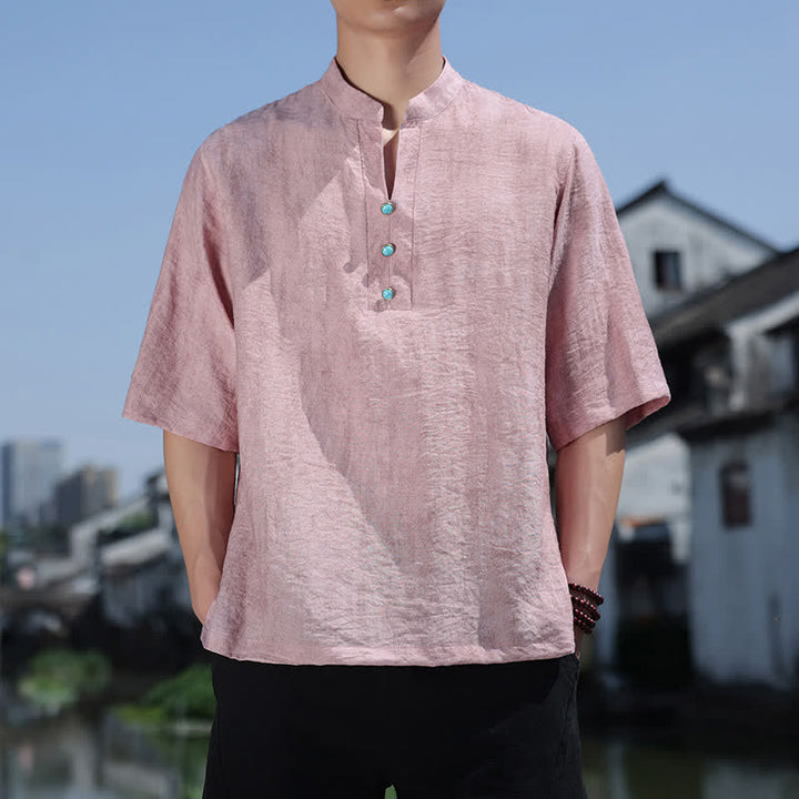 Buddha Stones T-shirt da uomo estiva etnica a maniche corte con colletto a revers e bottoni. - Rosa chiaro - US/UK/AU46, EU56 (5XL) - image 10