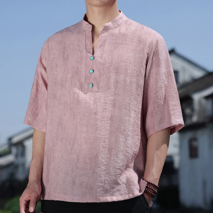Buddha Stones T-shirt da uomo estiva etnica a maniche corte con colletto a revers e bottoni. - image 11