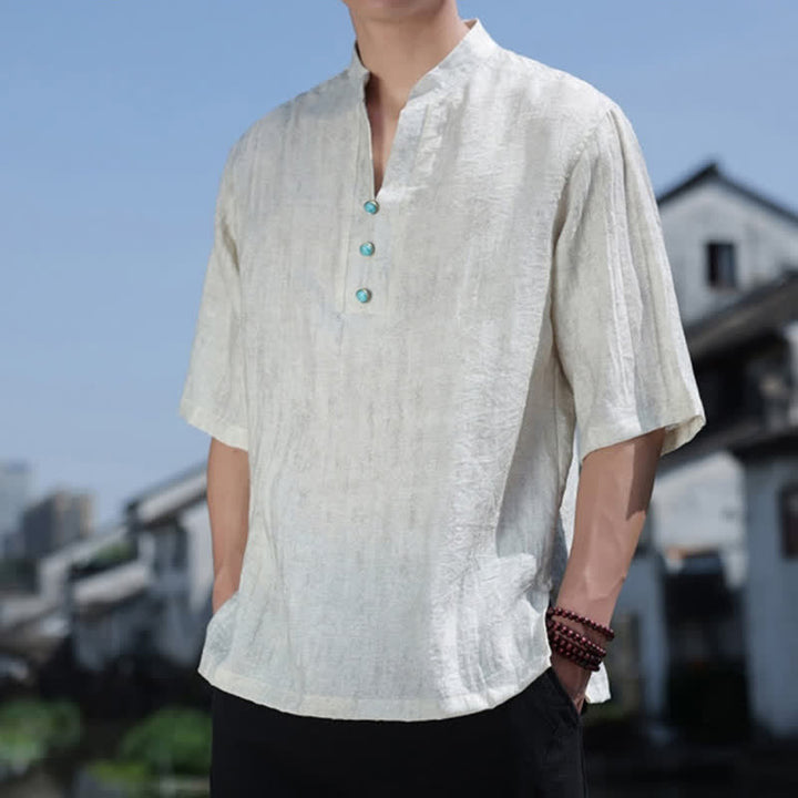 Buddha Stones T-shirt da uomo estiva etnica a maniche corte con colletto a revers e bottoni. - image 5