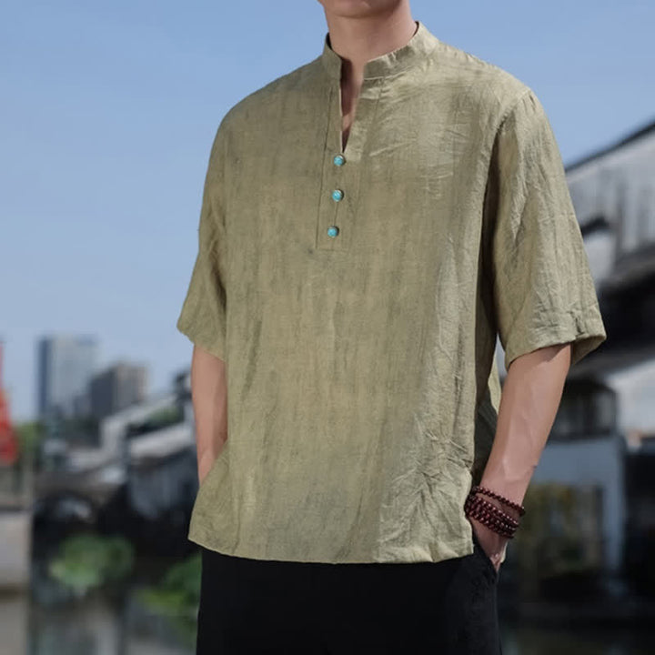 Buddha Stones T-shirt da uomo estiva etnica a maniche corte con colletto a revers e bottoni. - image 1