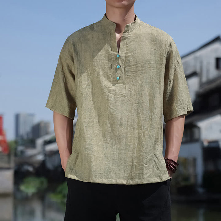 Buddha Stones T-shirt da uomo estiva etnica a maniche corte con colletto a revers e bottoni. - Verde oliva - US/UK/AU46, EU56 (5XL) - image 0