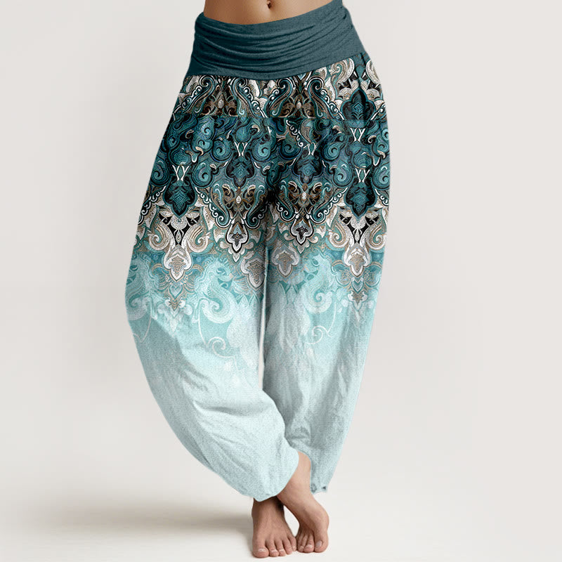 Buddha Stones Pantaloni harem da donna in puro cotone con elastico in vita e fantasia floreale Paisley sfumata. - Verde acqua - US16, UK/AU20, EU48 (3XL) - image 0