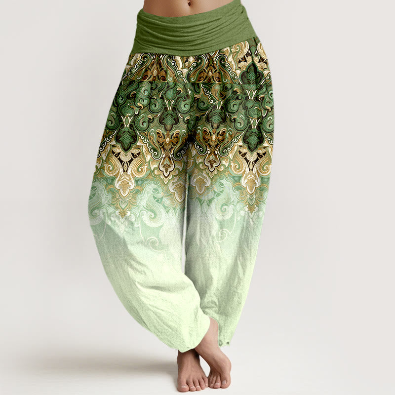 Buddha Stones Pantaloni harem da donna in puro cotone con elastico in vita e fantasia floreale Paisley sfumata. - Verde oliva - US16, UK/AU20, EU48 (3XL) - image 8