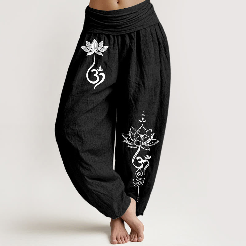 Buddha Stones Pantaloni harem da donna in cotone con motivo a fiore di loto Om e vita elasticizzata - Nero - US16, UK/AU20, EU48 (3XL) - image 5