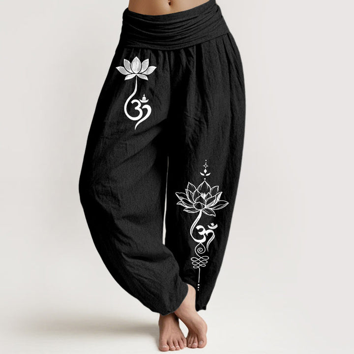 Buddha Stones Pantaloni harem da donna in cotone con motivo a fiore di loto Om e vita elasticizzata - Nero - US16, UK/AU20, EU48 (3XL) - image 5