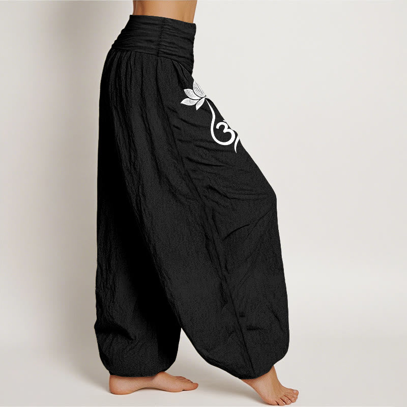 Buddha Stones Pantaloni harem da donna in cotone con motivo a fiore di loto Om e vita elasticizzata - image 6