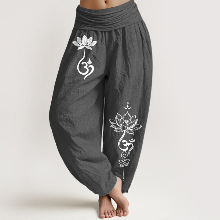 Buddha Stones Pantaloni harem da donna in cotone con motivo a fiore di loto Om e vita elasticizzata - Grigio tenue - US16, UK/AU20, EU48 (3XL) - image 0
