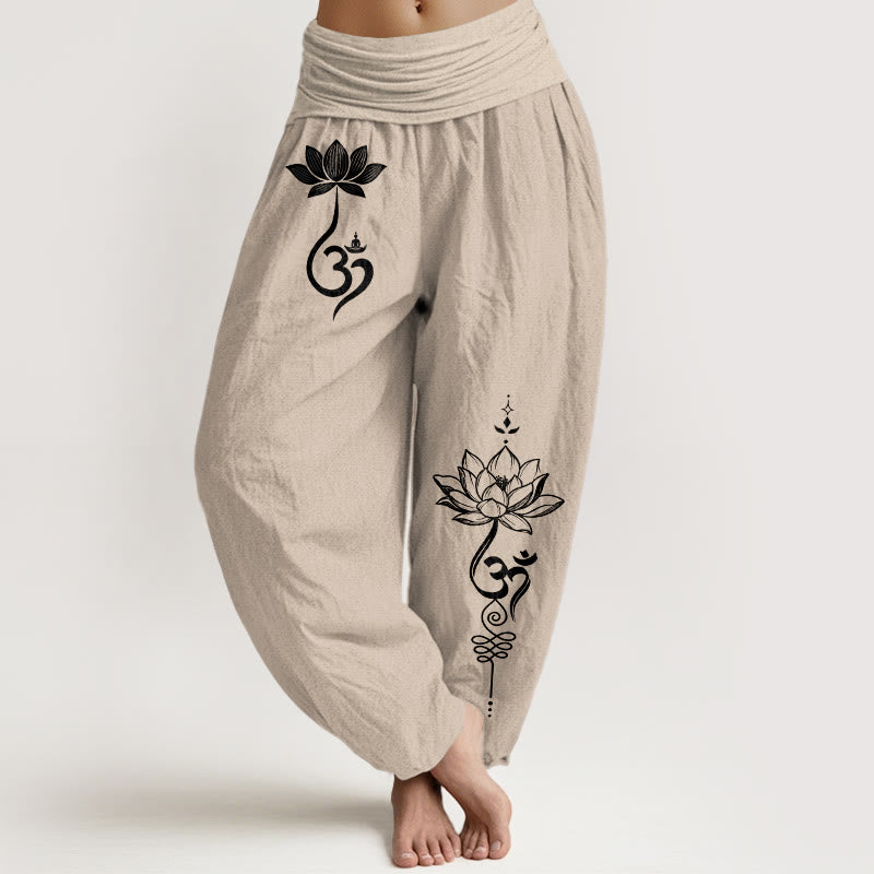 Buddha Stones Pantaloni harem da donna in cotone con motivo a fiore di loto Om e vita elasticizzata - Tan - US16, UK/AU20, EU48 (3XL) - image 11