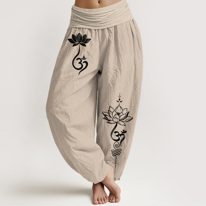 Buddha Stones Pantaloni harem da donna in cotone con motivo a fiore di loto Om e vita elasticizzata - Tan - US16, UK/AU20, EU48 (3XL) - image 11
