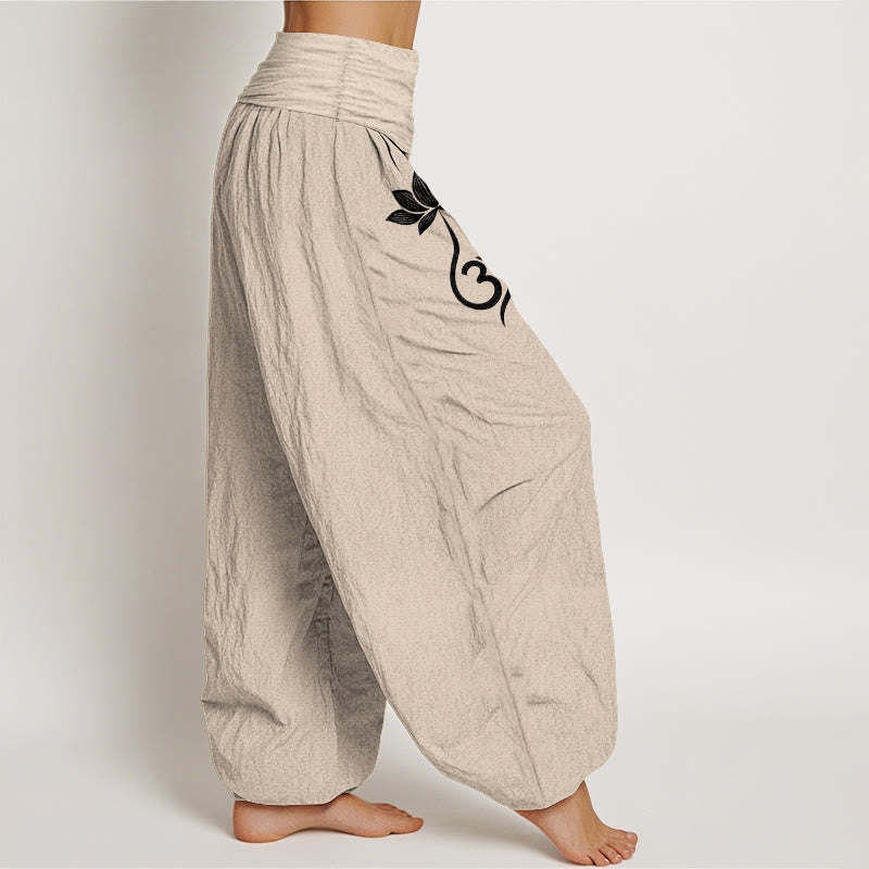 Buddha Stones Pantaloni harem da donna in cotone con motivo a fiore di loto Om e vita elasticizzata - image 12