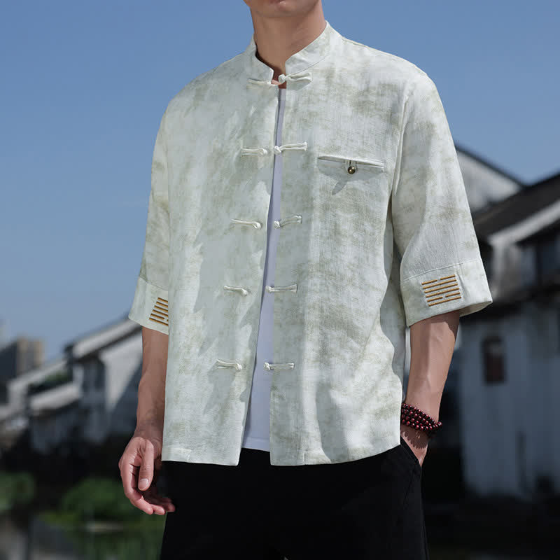 Buddha Stones Camicia da uomo in lino a maniche corte con ricami a motivo screziato e bottoni a rana. - Melata - US/UK/AU46, EU56 (5XL) - image 0