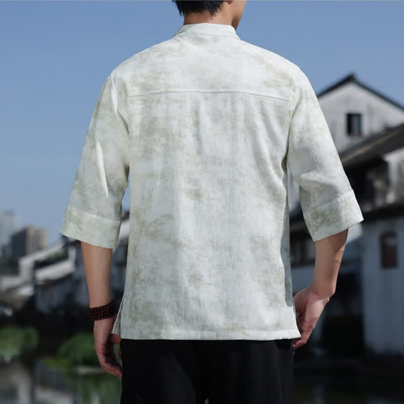 Buddha Stones Camicia da uomo in lino a maniche corte con ricami a motivo screziato e bottoni a rana. - image 1