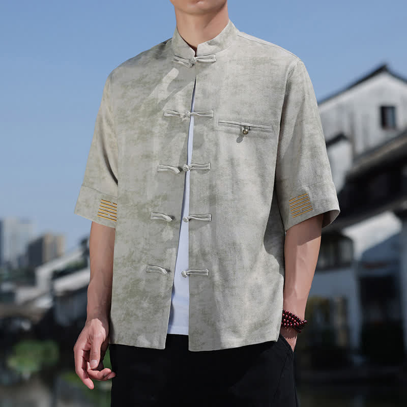 Buddha Stones Camicia da uomo in lino a maniche corte con ricami a motivo screziato e bottoni a rana. - Argento - US/UK/AU46, EU56 (5XL) - image 9
