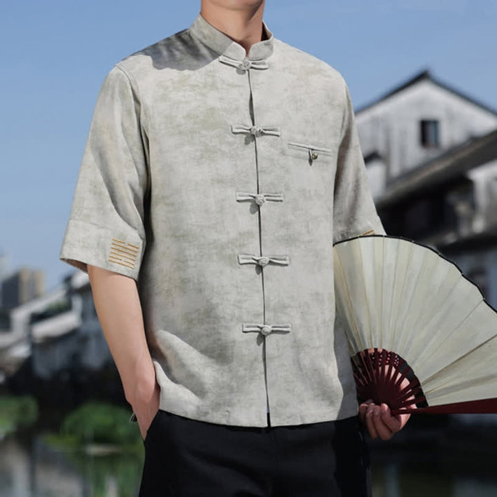 Buddha Stones Camicia da uomo in lino a maniche corte con ricami a motivo screziato e bottoni a rana. - image 11