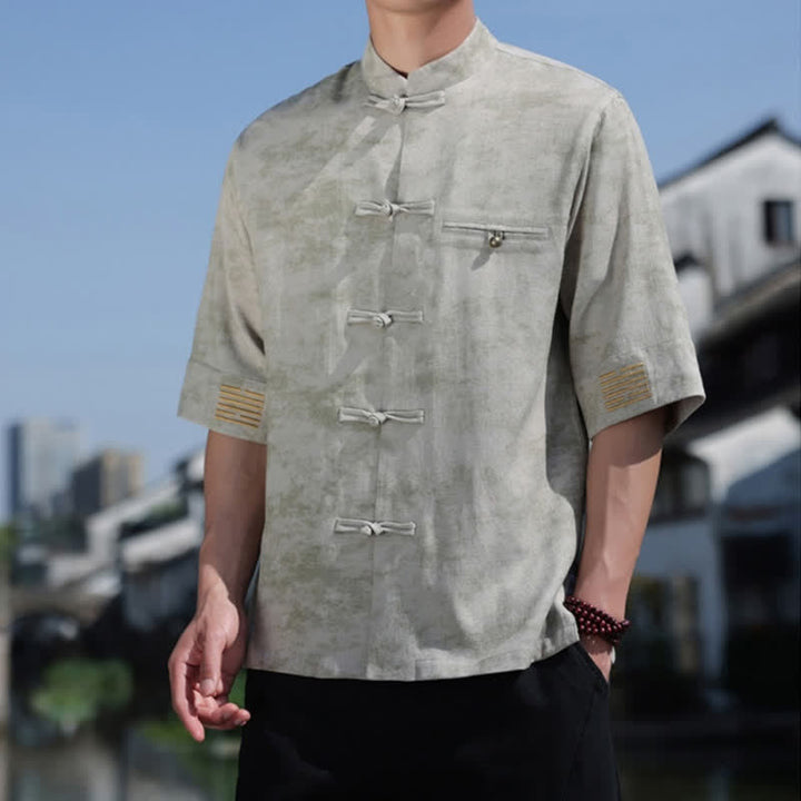 Buddha Stones Camicia da uomo in lino a maniche corte con ricami a motivo screziato e bottoni a rana. - image 10