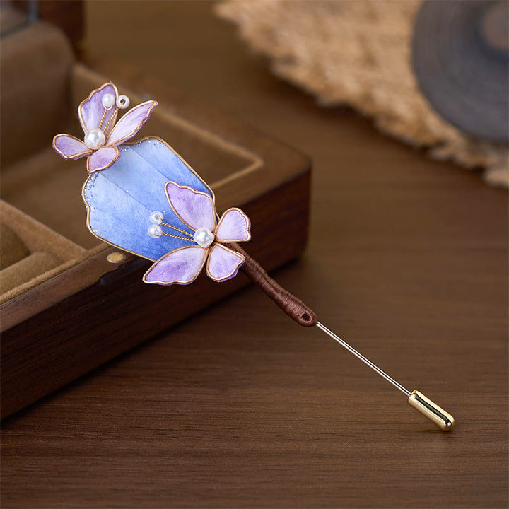 Buddha Stones Spilla a forma di farfalla viola con fiore in velluto di seta fatto a mano - image 1