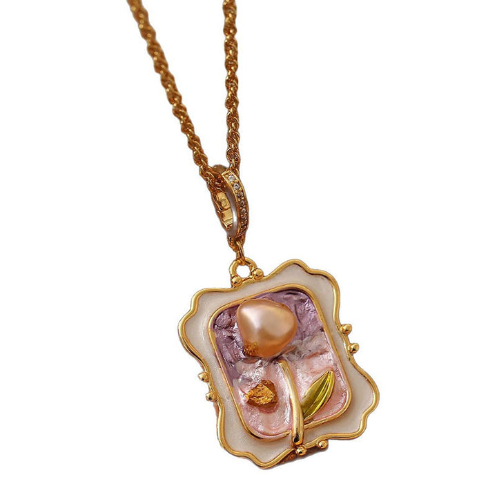 Buddha Stones Collana con ciondolo e perla in rame con dipinto ad olio di fiori e funzione terapeutica. - image 5