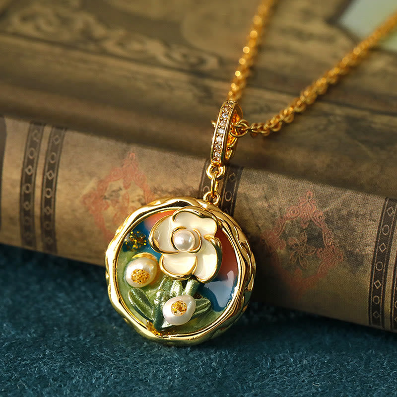 Buddha Stones Collana con ciondolo a forma di fiore in rame, stile retrò con pittura ad olio rotonda, simbolo di ricchezza. - Rame (Dimensioni del ciondolo: circa 3,5*2,1 cm) - image 0