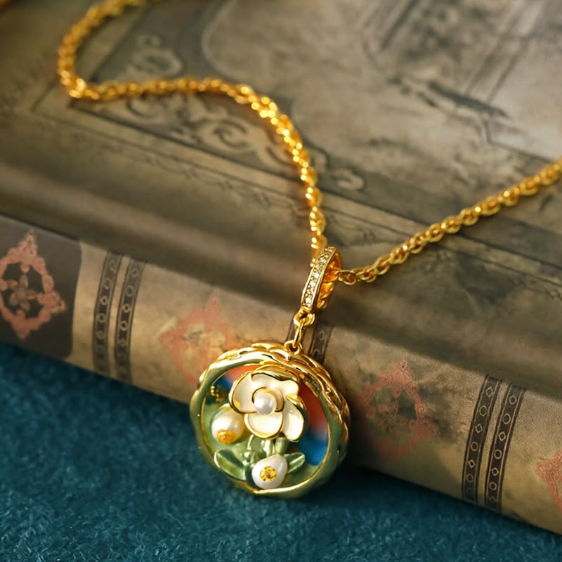Buddha Stones Collana con ciondolo a forma di fiore in rame, stile retrò con pittura ad olio rotonda, simbolo di ricchezza. - image 1