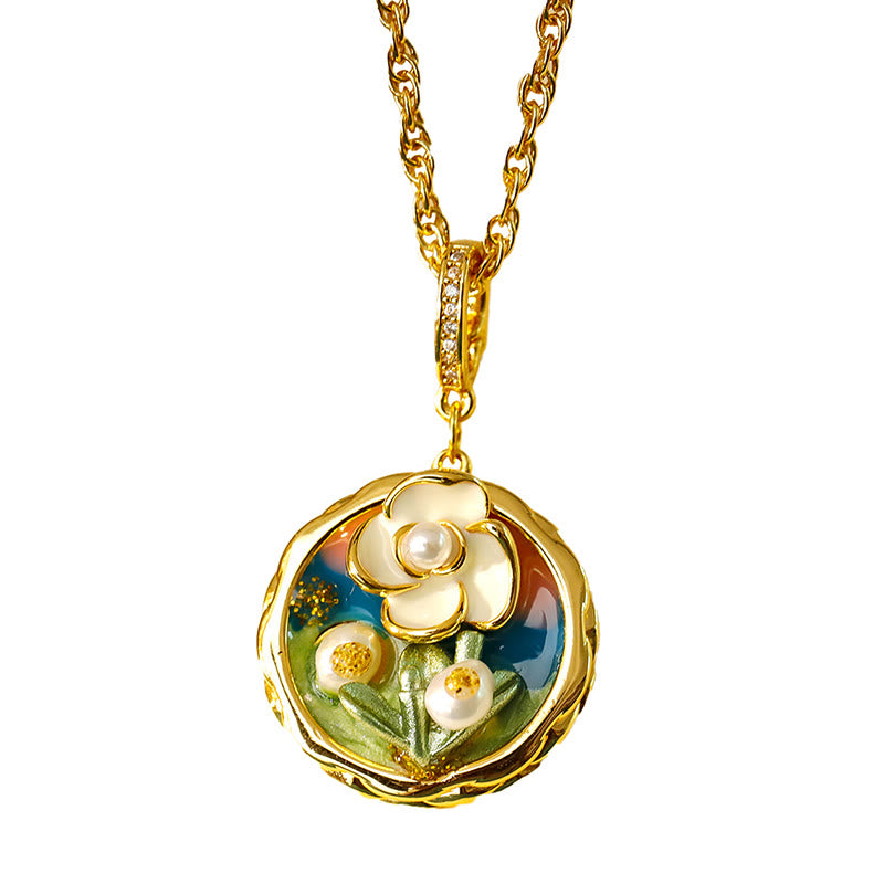 Buddha Stones Collana con ciondolo a forma di fiore in rame, stile retrò con pittura ad olio rotonda, simbolo di ricchezza. - image 4