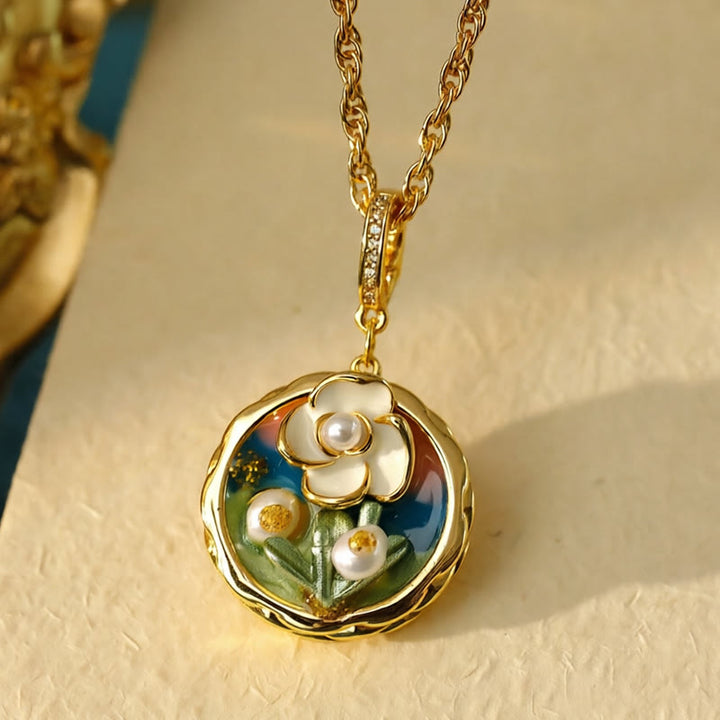 Buddha Stones Collana con ciondolo a forma di fiore in rame, stile retrò con pittura ad olio rotonda, simbolo di ricchezza. - image 3