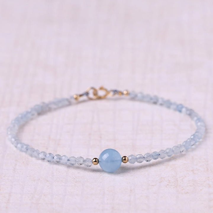 Buddha Stones Bracciale Peace con perline sfaccettate ultrafini da 2 mm di acquamarina naturale. - Acquamarina (Circonferenza del polso: 16 cm) - image 0