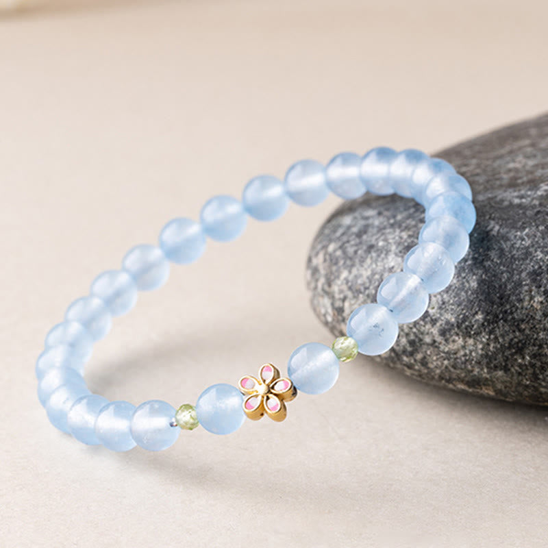 Buddha Stones Bracciale terapeutico floreale in rame placcato oro e acquamarina naturale - image 3